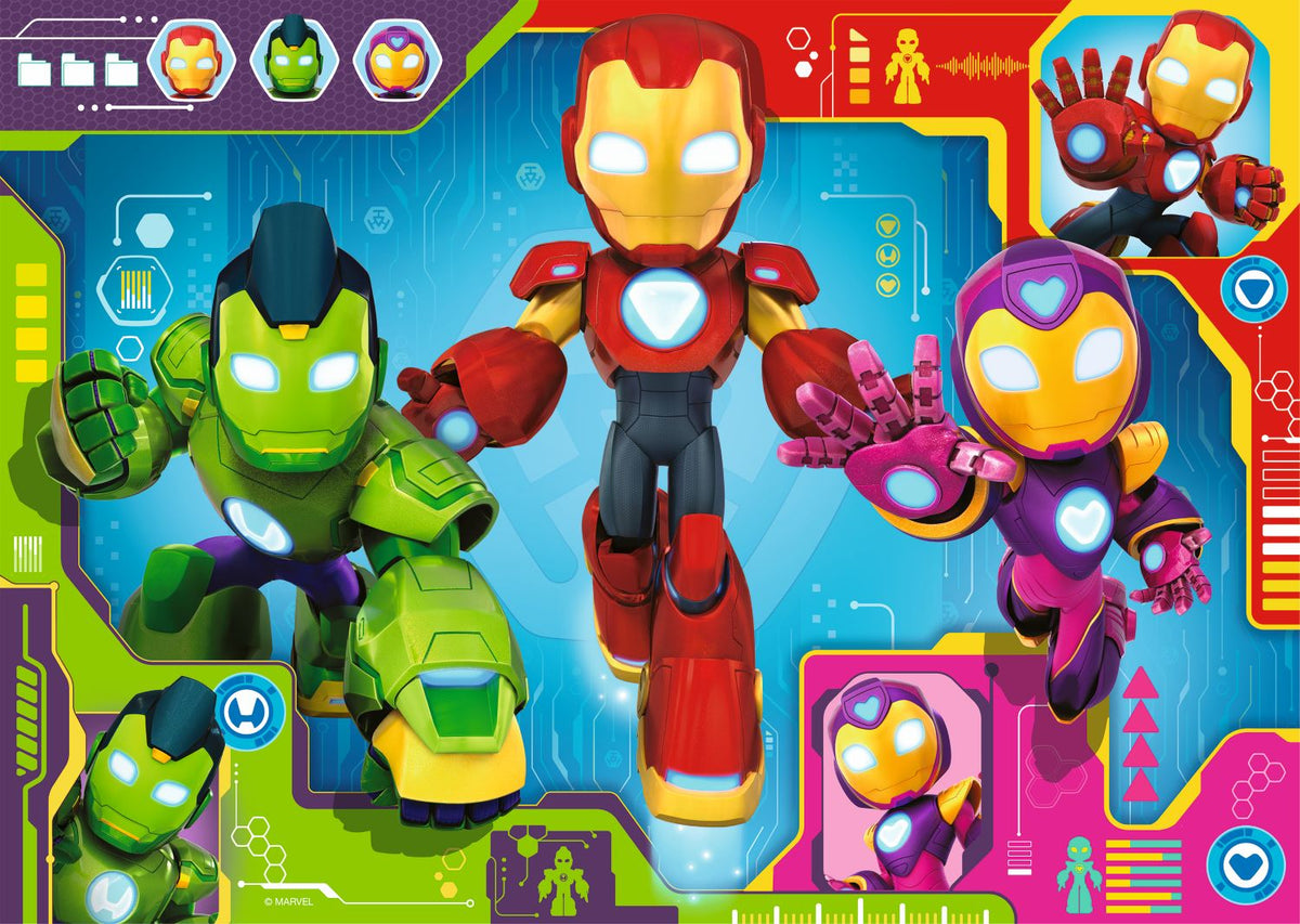 Iron Man and friends puzzle artwork with red, green, and pink armored characters