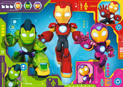 Iron Man and friends puzzle artwork with red, green, and pink armored characters