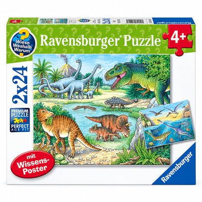 Ravensburger dinosaur jigsaw puzzle box, 2x24 pieces, colorful land and sea scene