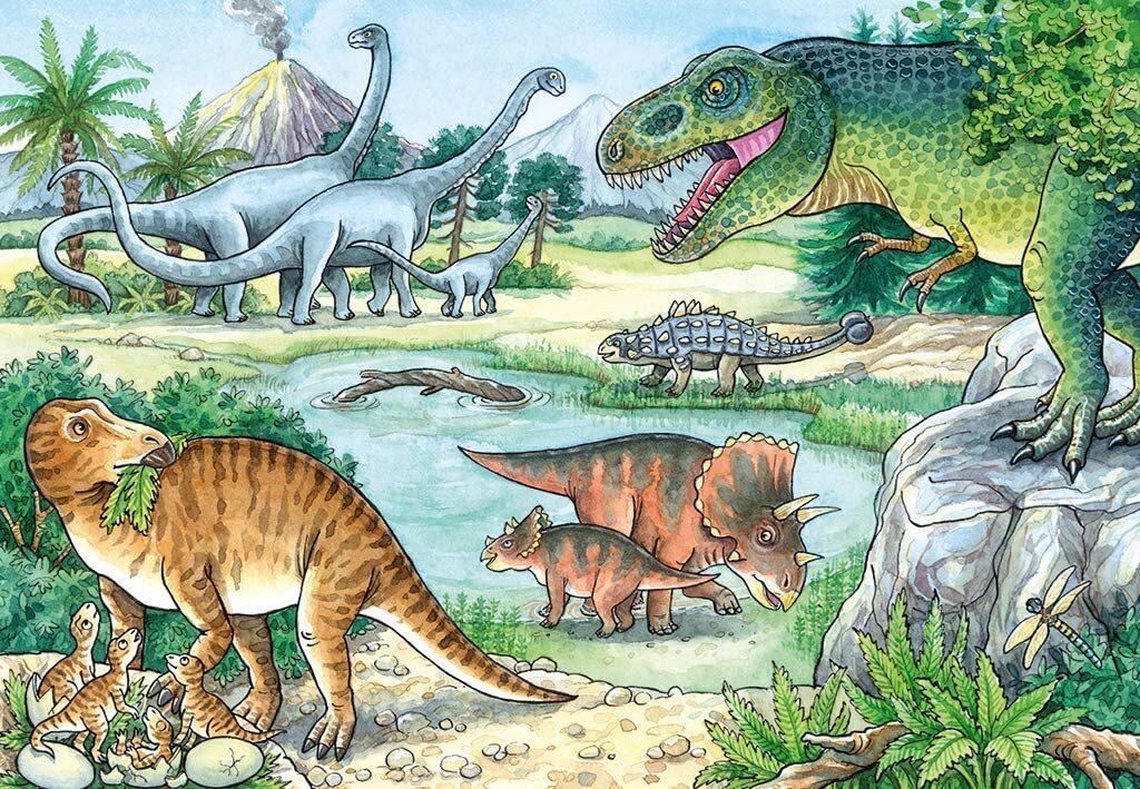 Dinosaur jigsaw puzzle artwork with green reptile, stegosaur, and tropical plants