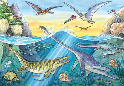 Dinosaur jigsaw puzzle artwork with pterosaurs and marine reptiles in an ocean