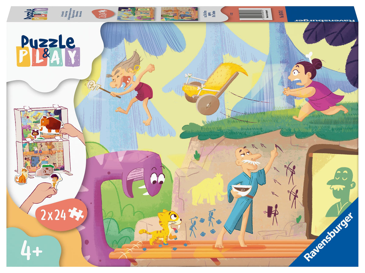 Ravensburger Puzzle Play 2x24-piece prehistoric people puzzle box with colorful scene, age 4+