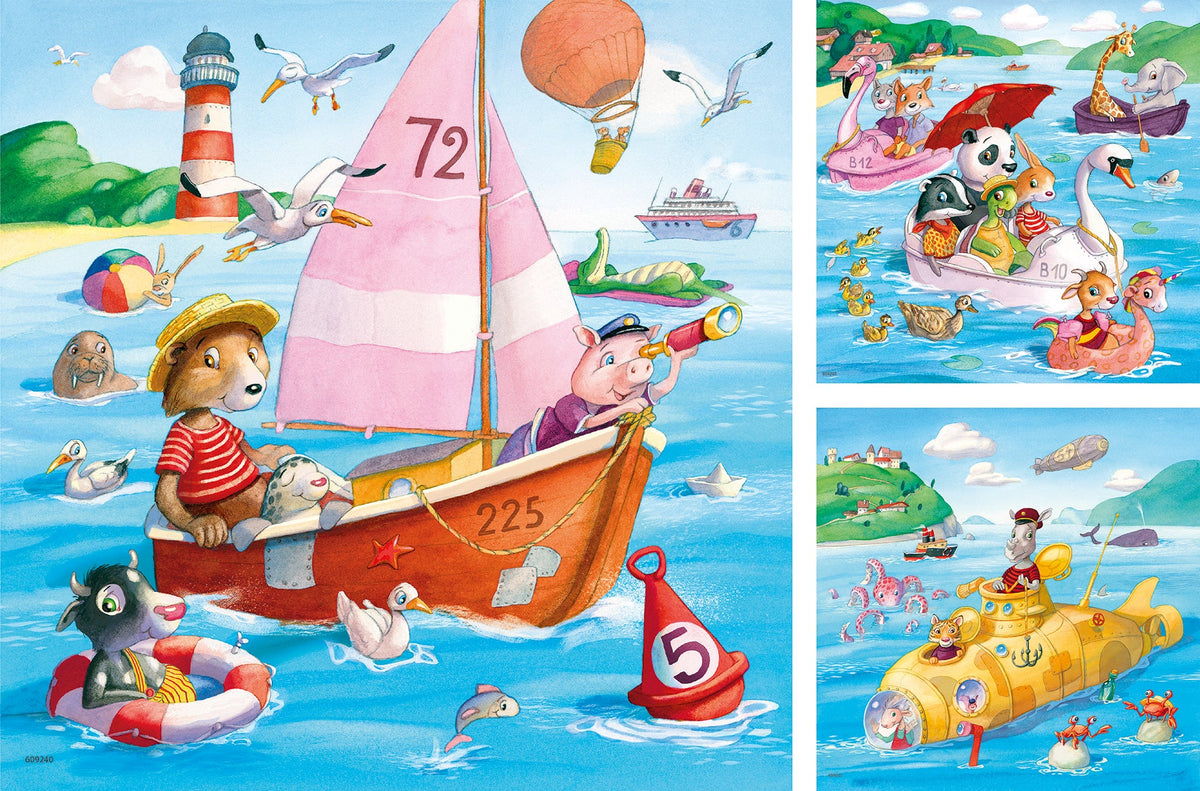 Ravensburger 3x49 jigsaw puzzle packaging with two ocean scene artworks