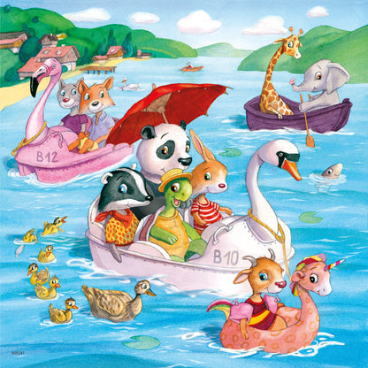 Children's jigsaw puzzle with animals rowing colorful boats in the ocean