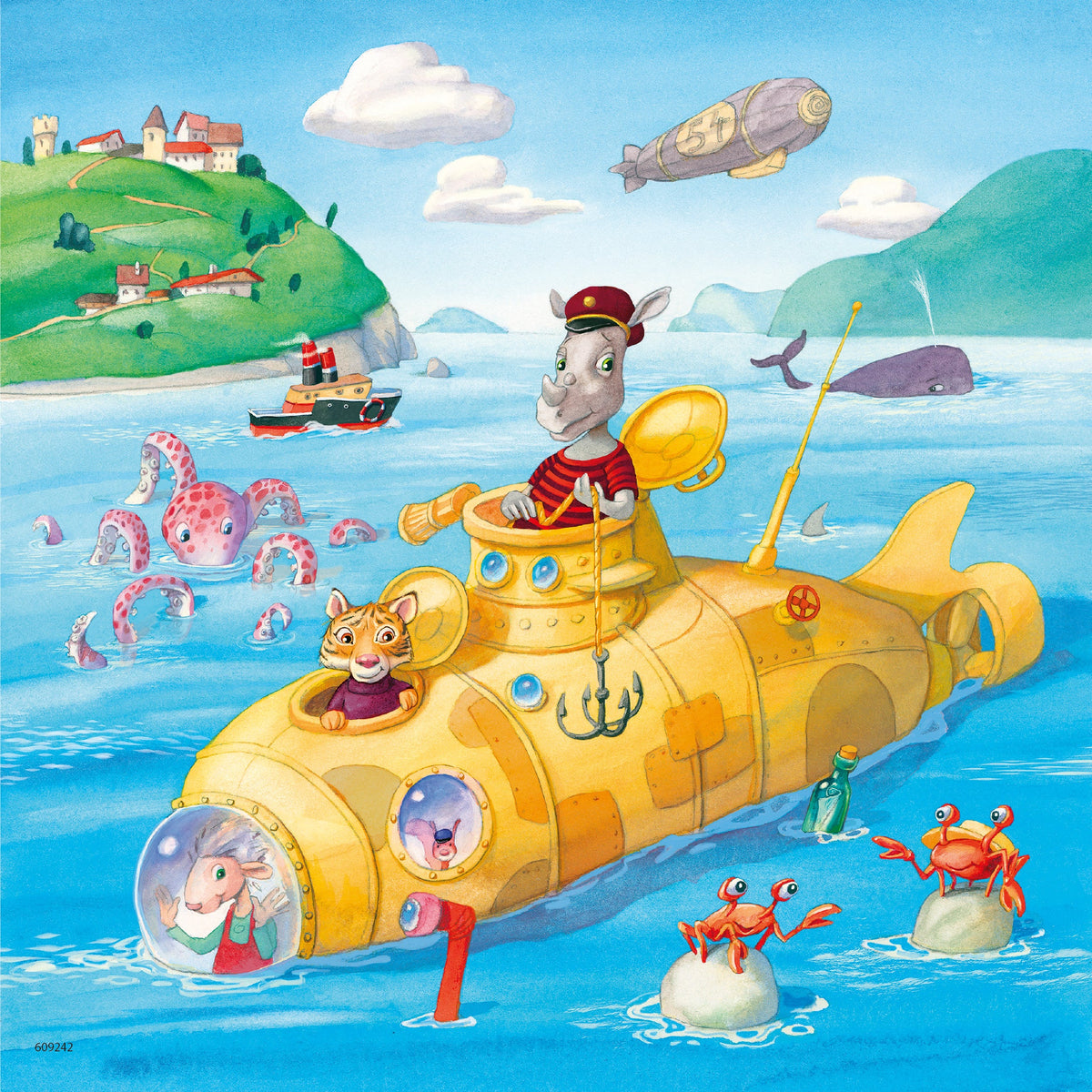 Children's jigsaw puzzle scene of a yellow submarine and swimming sea creatures