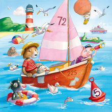 Children's jigsaw puzzle with sea animals on a sailboat and lighthouse illustration