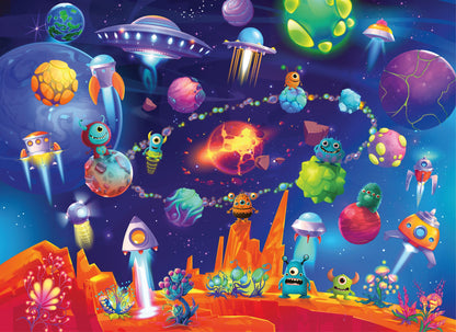 Space-themed puzzle artwork with aliens, planets, rockets, and fiery landscape