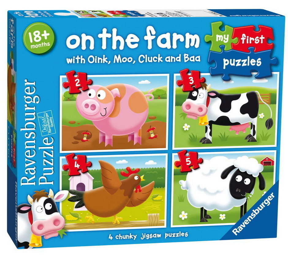 Ravensburger farm chunky jigsaw puzzle box with 4 puzzles and animal figures