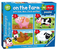 Ravensburger farm chunky jigsaw puzzle box with 4 puzzles and animal figures