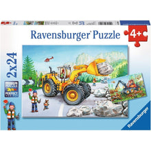 Construction jigsaw puzzle box showing excavator and trucks, 2x24 pieces, age 4+