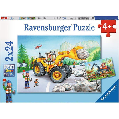 Construction jigsaw puzzle box showing excavator and trucks, 2x24 pieces, age 4+