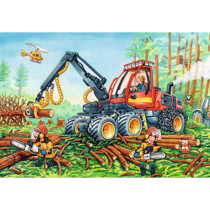 Construction jigsaw puzzle artwork with excavator and workers loading logs, bright scene