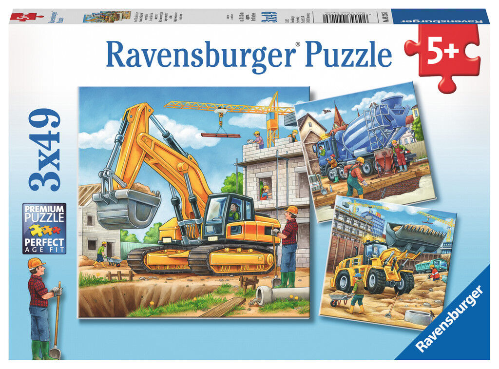 Ravensburger 3x49 construction vehicle jigsaw puzzle box with excavator scene