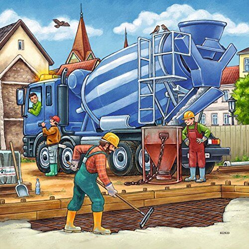 Construction vehicle jigsaw puzzle artwork with concrete mixer truck and workers