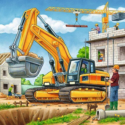 Construction vehicle jigsaw puzzle artwork with orange excavator and construction site workers