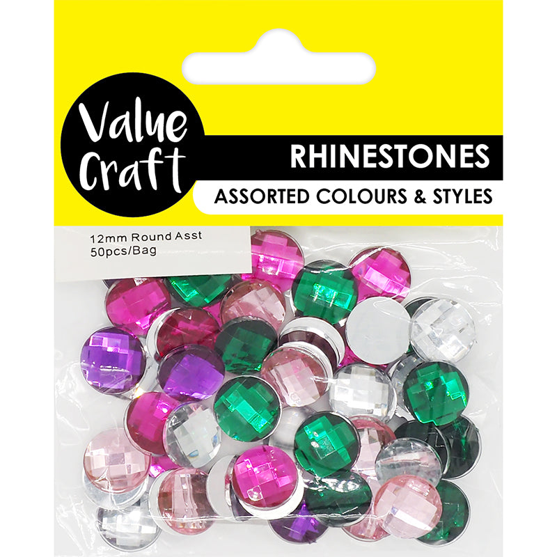 Rhinestones Round 12Mm Asst 50Pcs