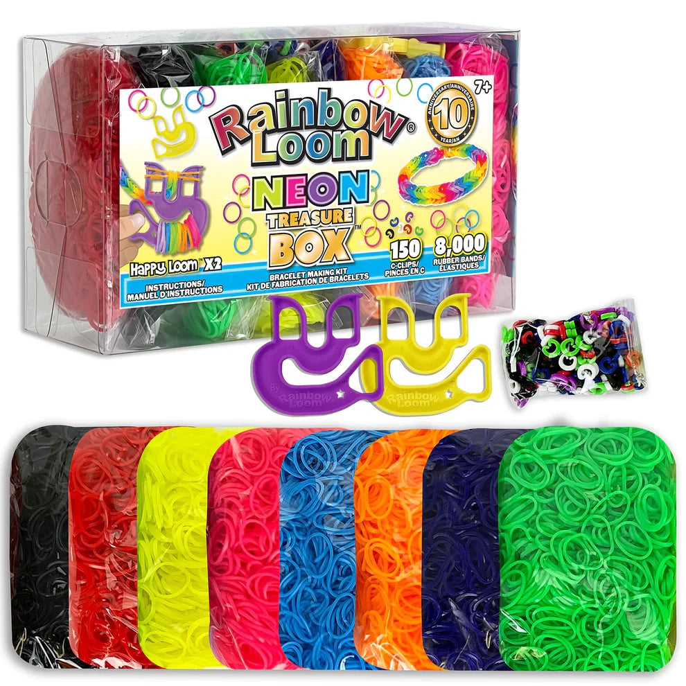 Neon rubber band loom treasure box set in clear packaging with multicolor bands and clips