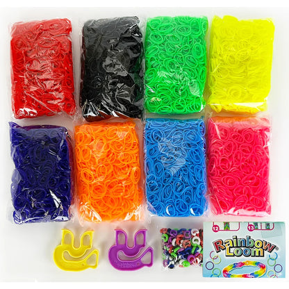 Neon rubber band loom set with packaged rainbow bands: red, black, green, yellow, blue, purple