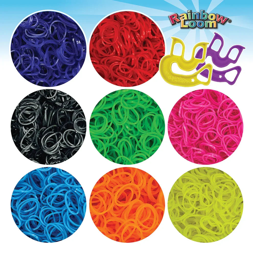 Neon rubber band colors shown in circular samples: navy, red, black, green, pink, blue, orange, lime