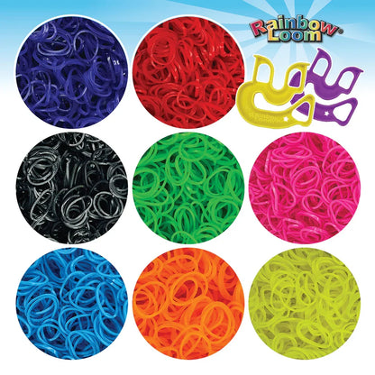 Neon rubber band colors shown in circular samples: navy, red, black, green, pink, blue, orange, lime