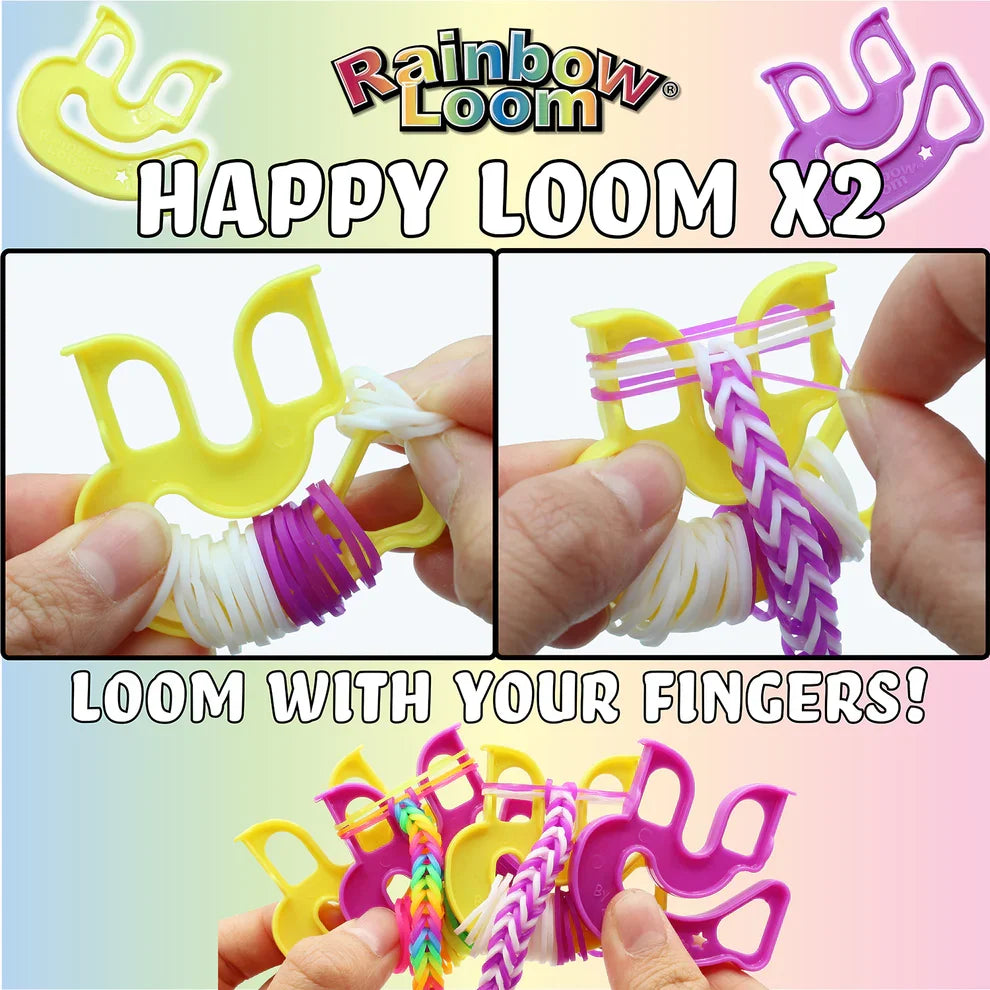 Neon finger loom set with yellow and purple loom pieces on Happy Loom X2 packaging