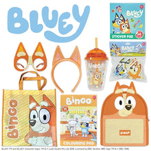 Bingo showbag set with Bluey stickers, colouring pad, and drink cup