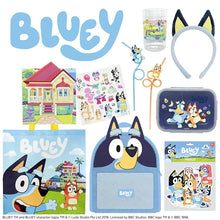 Bluey showbag contents: headband and zip pouch with printed character art