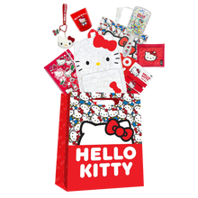 Red Hello Kitty showbag with plush face, patterned items, and hanging charm
