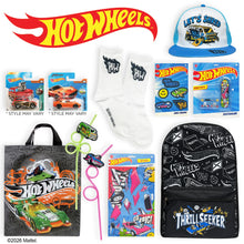 Hot Wheels showbag set with black graphic bag, socks, hat, and toy packs