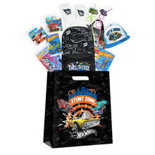 Hot Wheels stunt-themed showbag with black graphic bag and enclosed accessories