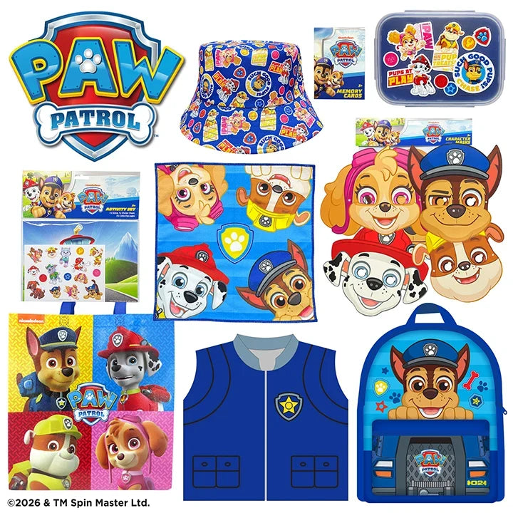 Paw Patrol showbag contents with logo, character artwork, and matching accessories