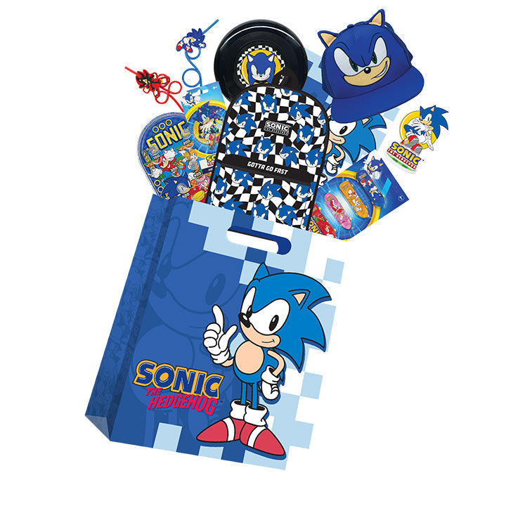 Sonic the Hedgehog showbag with blue shopping bag and assorted character-themed accessories