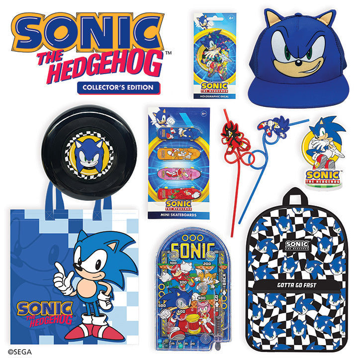 Sonic the Hedgehog collector's edition showbag set with hat, pouch, keychain, and pins