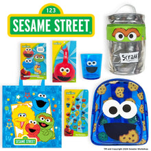 Sesame Street showbag with Elmo and Cookie Monster stickers, cup, and pouch accessories