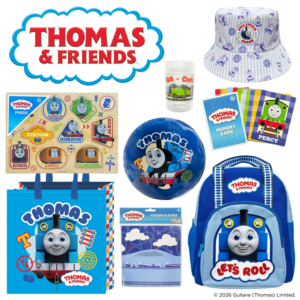 Thomas & Friends S6 showbag set with blue tote, bucket hat, stickers, and game