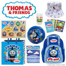 Thomas & Friends S6 showbag set with blue tote, bucket hat, stickers, and game