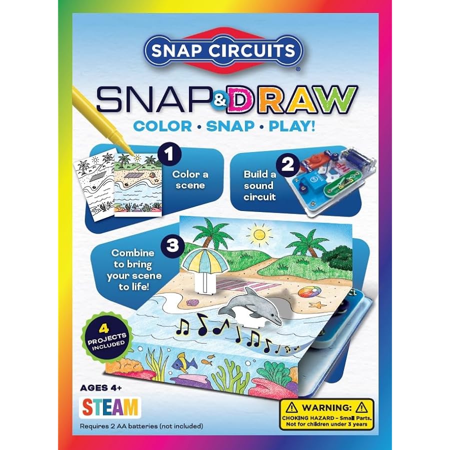 Snap Circuits Snap & Draw educational toy kit box with colorful step graphics