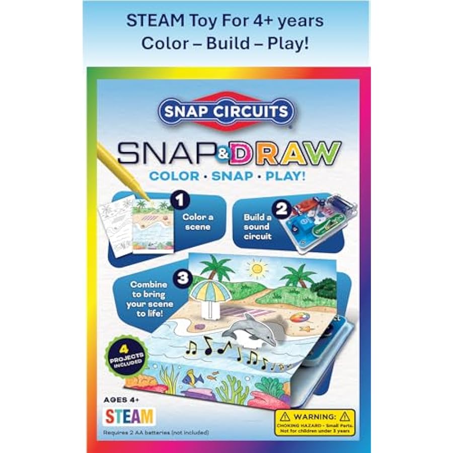 Snap Circuits Snap & Draw toy kit box front with color, snap, and play graphics