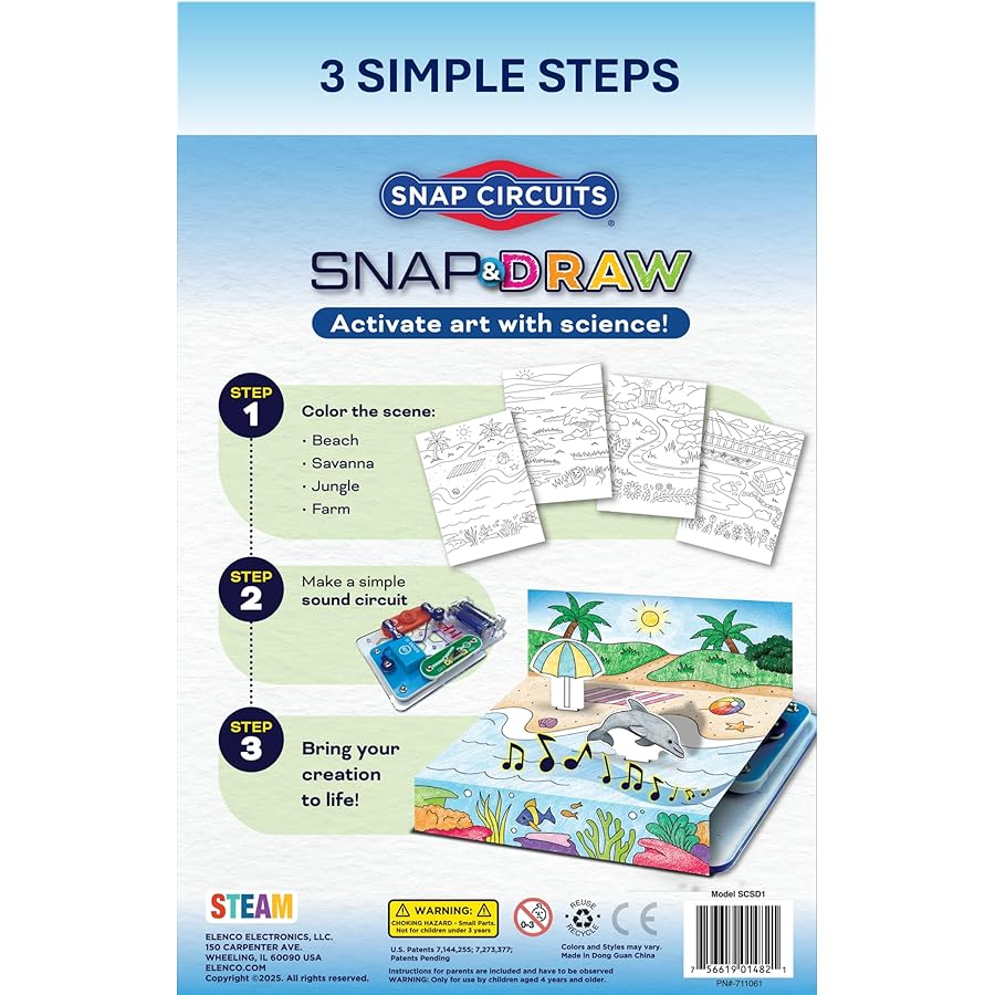 Snap Circuits Snap & Draw packaging showing 3 simple steps and example scenes