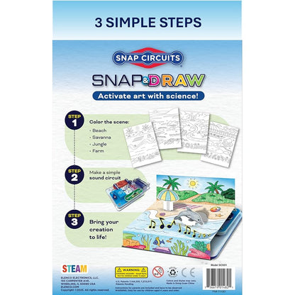 Snap Circuits Snap & Draw packaging showing 3 simple steps and example scenes