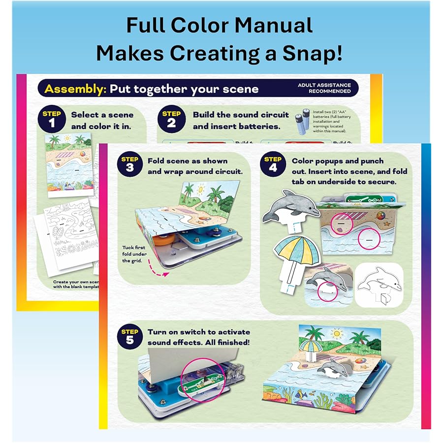 Snap Circuits Snap & Draw instruction panel with sound circuit assembly steps