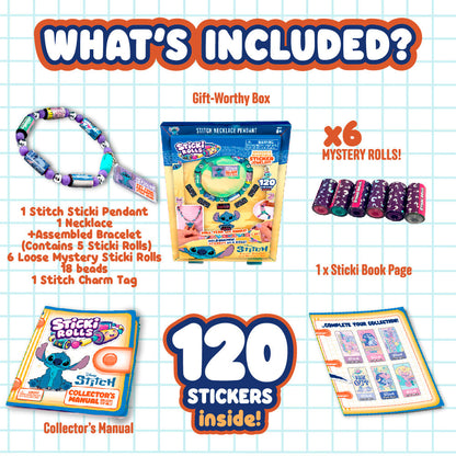 Stitch kit contents: necklace pendant, bracelet, charm tag, 6 sticker rolls, 120 stickers