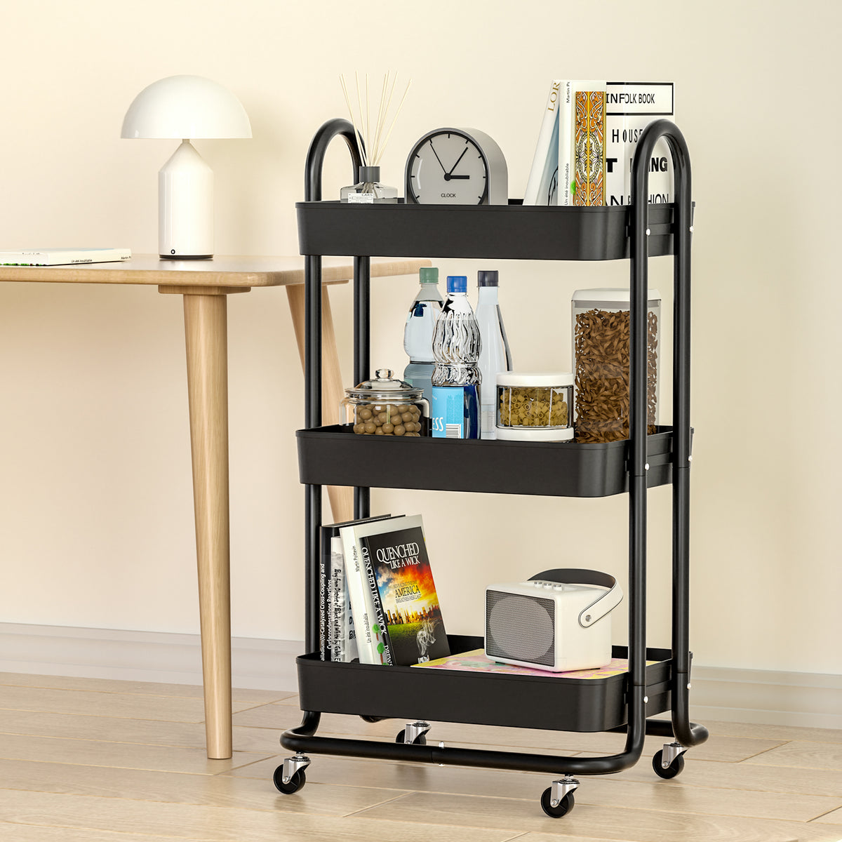 Light Gray Artiss Storage Trolley Kitchen Cart 3 Tiers Rack Shelf Organiser Wheels Black Furniture > Dining > Kitchen & Dining Trolleys
