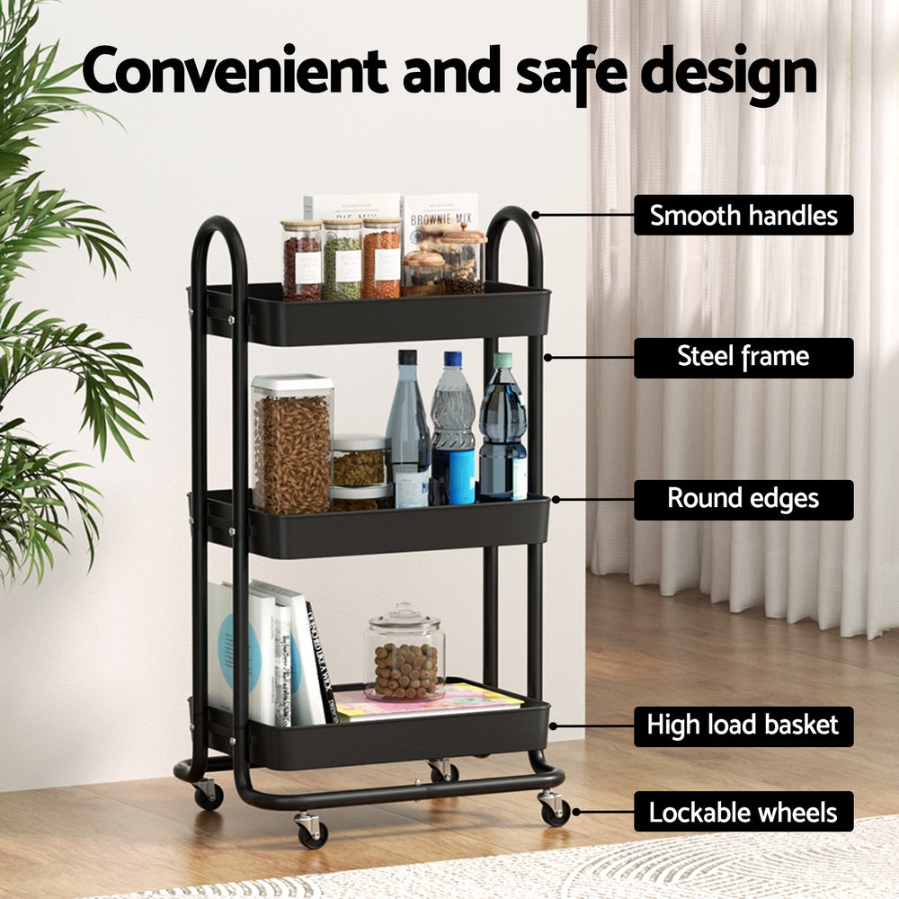 Lavender Artiss Storage Trolley Kitchen Cart 3 Tiers Rack Shelf Organiser Wheels Black Furniture > Dining > Kitchen & Dining Trolleys