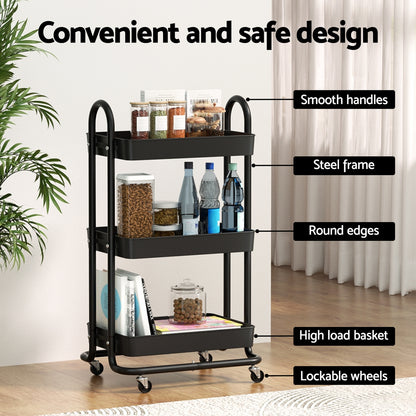 Lavender Artiss Storage Trolley Kitchen Cart 3 Tiers Rack Shelf Organiser Wheels Black Furniture > Dining > Kitchen & Dining Trolleys