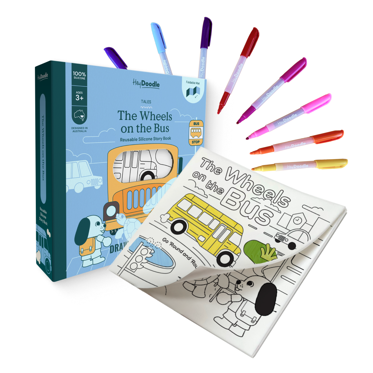 Black HeyDoodle Wheels On The Bus Tales - Reusable Colouring Book Kids Colouring Books