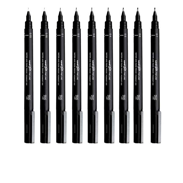 White Smoke UNI PIN Fineliner, Assorted Nib Sizes, Black Ink, Pk12 Pens and Markers