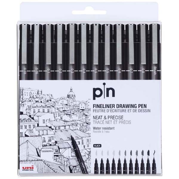 Lavender UNI PIN Fineliner, Assorted Nib Sizes, Black Ink, Pk12 Pens and Markers