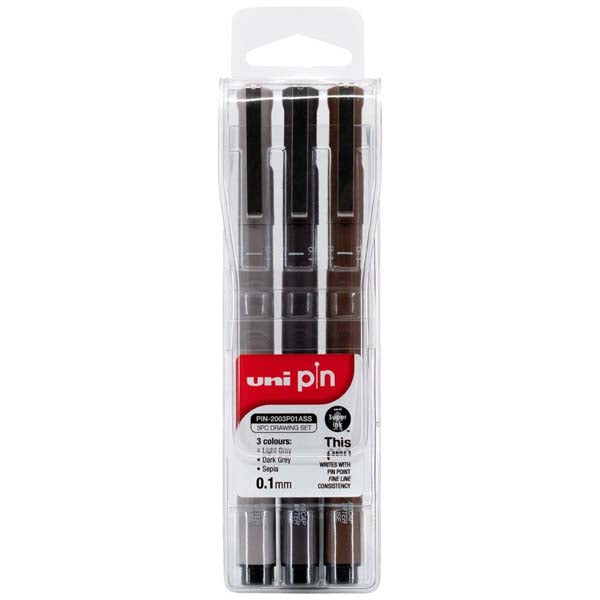 Light Gray UNI PIN Fineliner, 0.1mm, Assorted Ink, Pk3 Pens and Markers