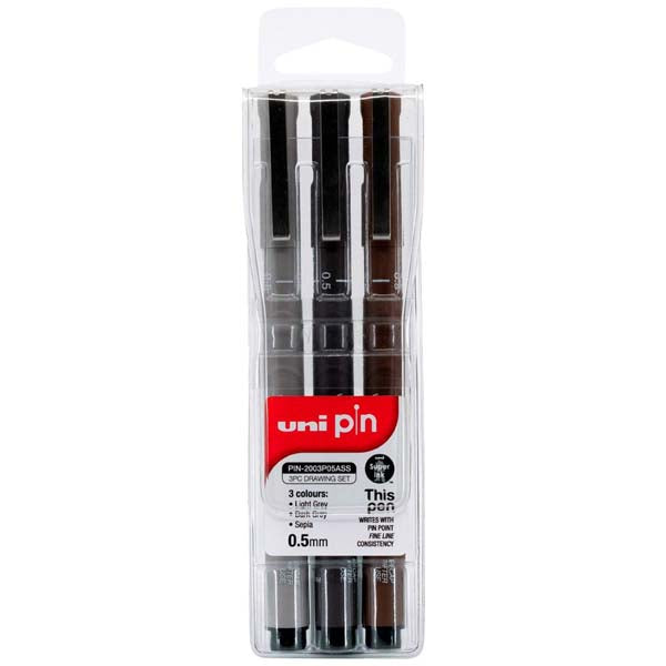 Light Gray UNI PIN Fineliner, 0.5mm, Assorted Colours, Pk3 Pens and Markers
